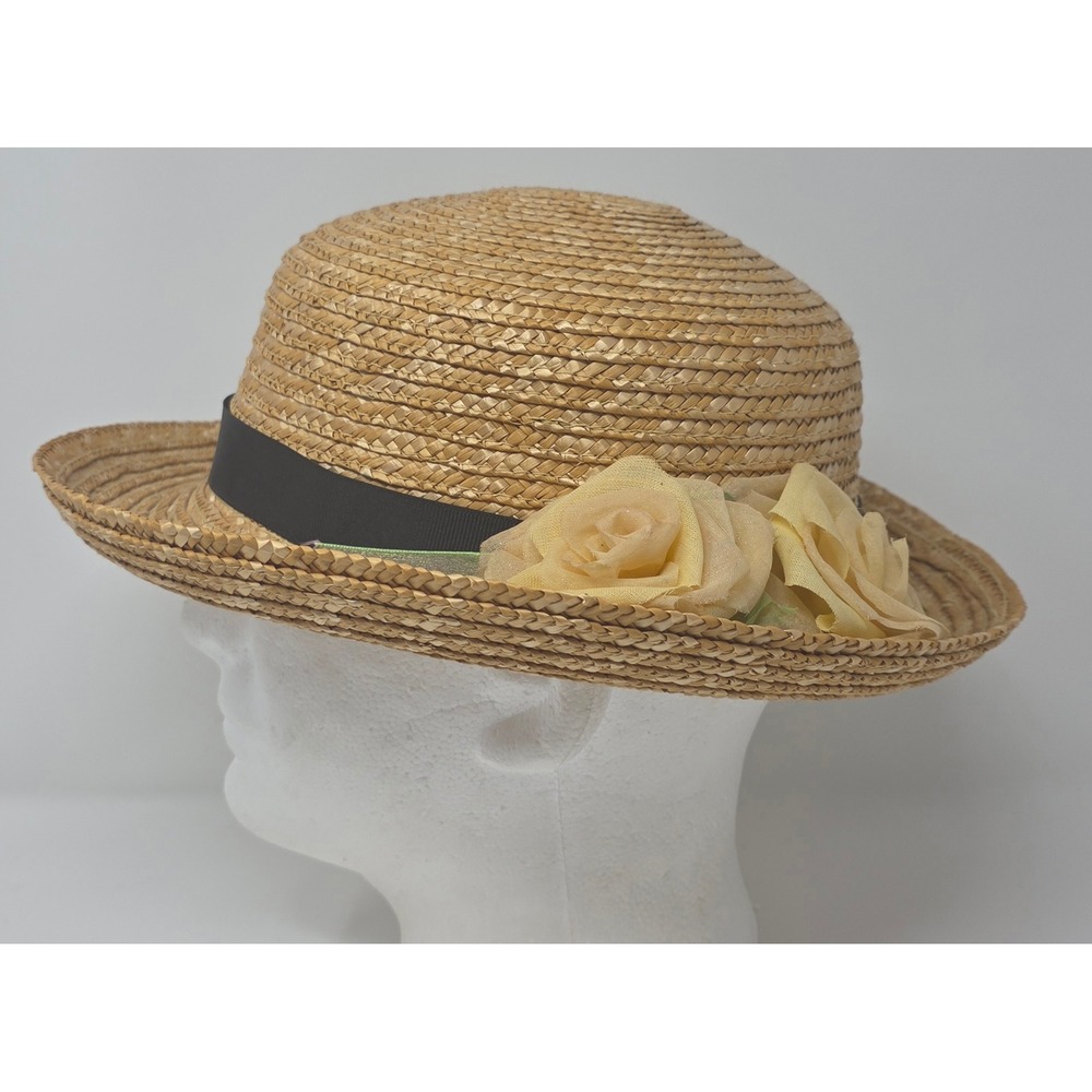Ellen Deering Original Straw Boater Hat Womens 7-1/8 Tan Floral Ribbon